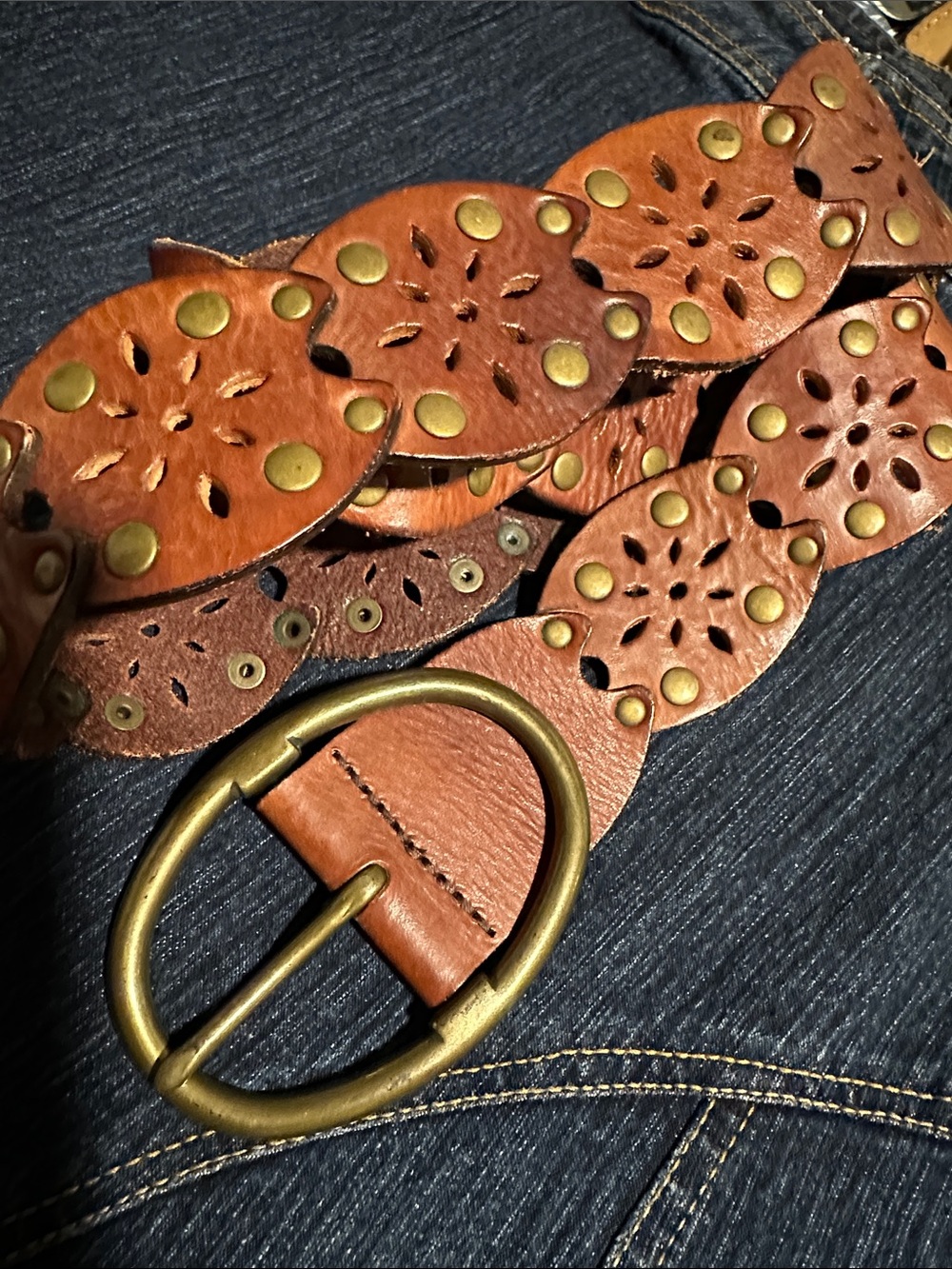 Brown Leather Floral Cutout Belt - Unbranded